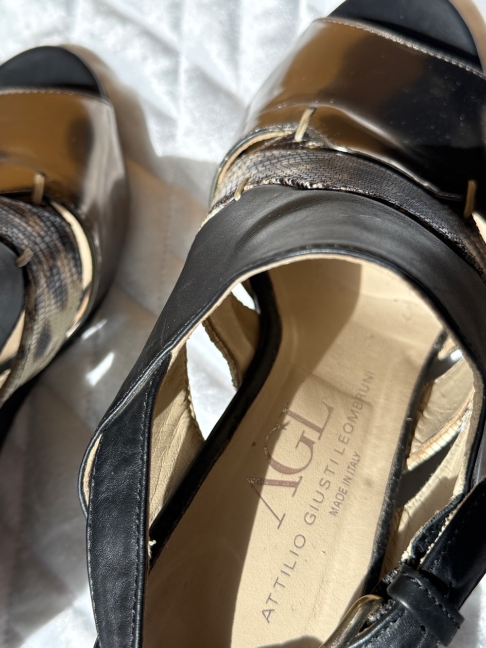 AGL Black Leather Wedge Sandals with Leopard Print Panel - Picture 7 of 10